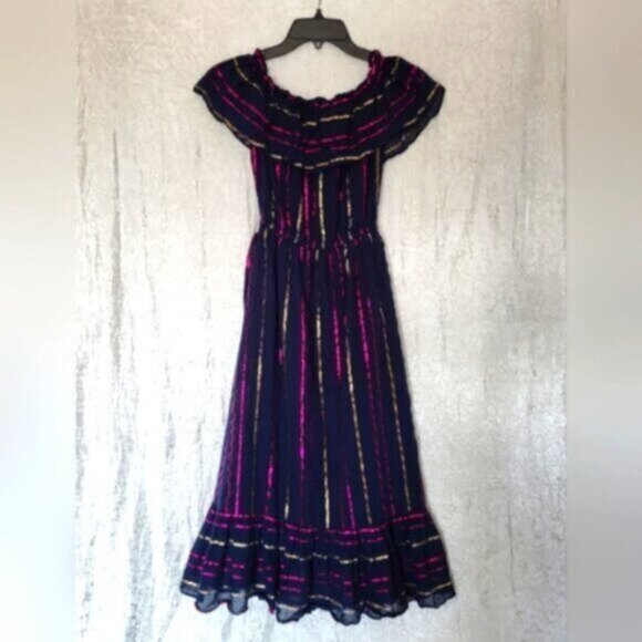 Maison Jules Blue Cotton metallic stripe Ruffe Maxi Dress Women’s XXS - Picture 5 of 12